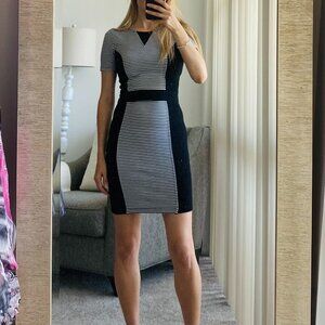 French Connection - Black & White Striped Cap Sleeve Bodycon Dress Sz S